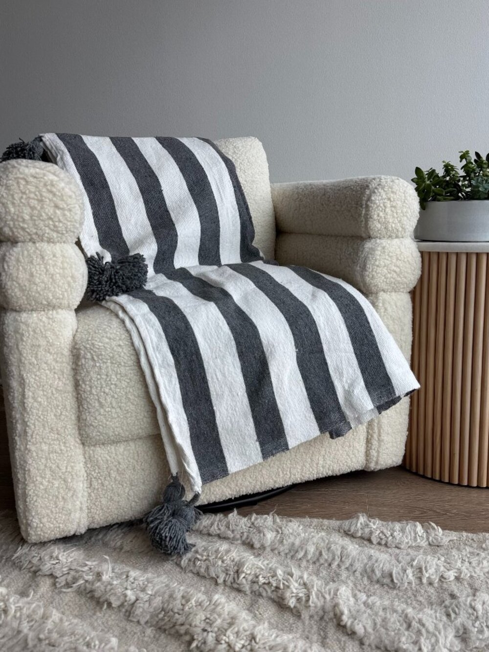Dark Gray Striped Throw Blanket with Tassels